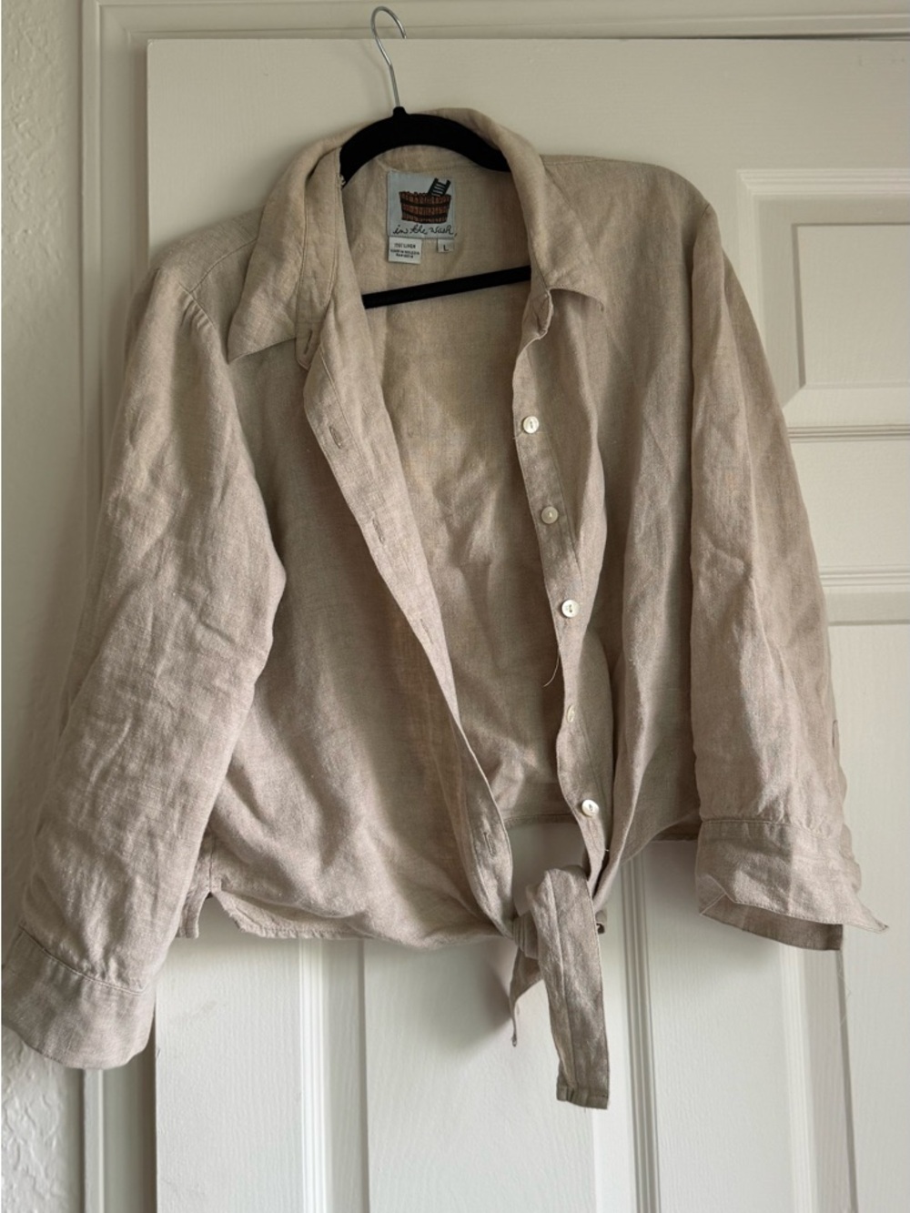 In The Wash - Linen Tie-Front Button-Up Shirt - Beige